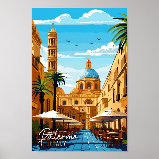 Palermo Italy vintage travel art illustration Poster (Front)