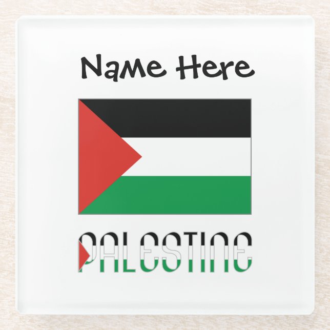 Palestine and Palestinian Flag with Your Name Glass Coaster (Front)
