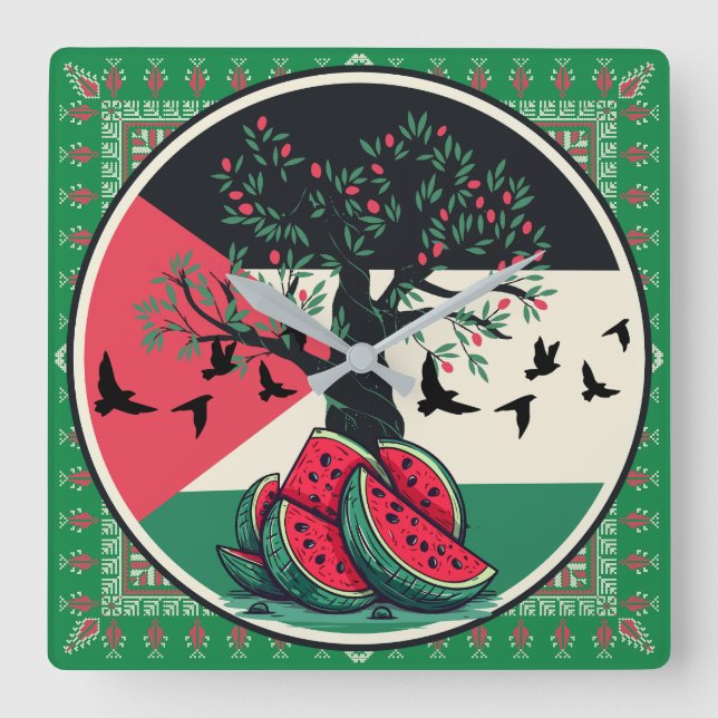 palestine culuture | palestine watermelon, olive t square wall clock (Front)