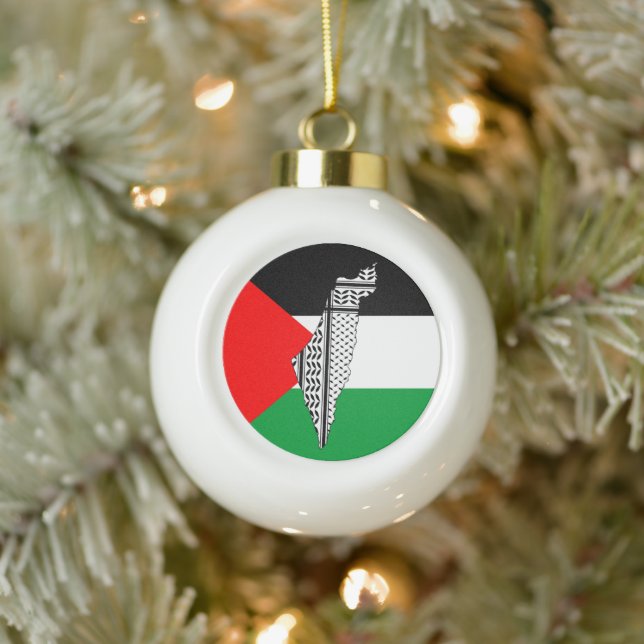 Palestine Flag and Map with Keffiyeg Pattern Ceramic Ball Christmas Ornament (Tree)