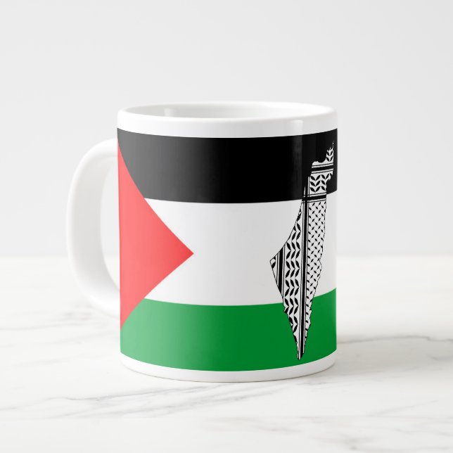  Palestine Flag and Map with Keffiyeg Pattern Large Coffee Mug (Front Left)
