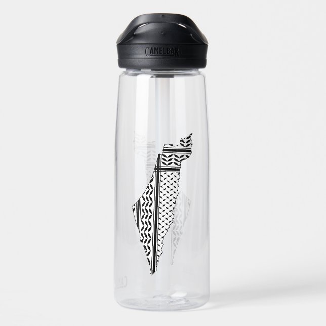 Palestine Flag and Map with Keffiyeg Pattern Water Bottle (Back)