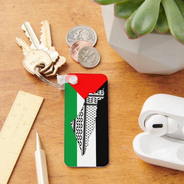 Palestine Flag and Map with Keffiyeh Pattern Key Ring (Desk)