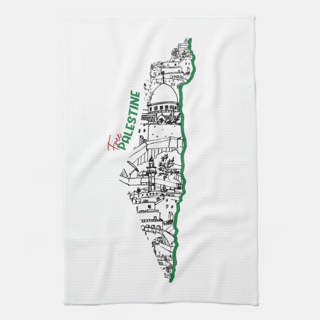 Palestine flag inside its map, Visit Palestine Tea Towel (Vertical)