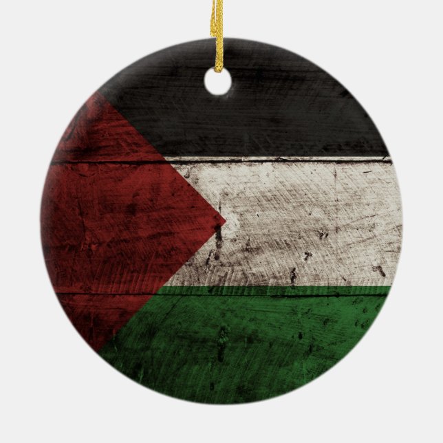 Palestine Flag on Old Wood Grain Ceramic Tree Decoration (Back)