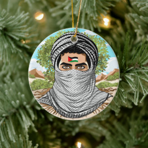 Palestine Freedom Fighter Portrait Ceramic Tree Decoration