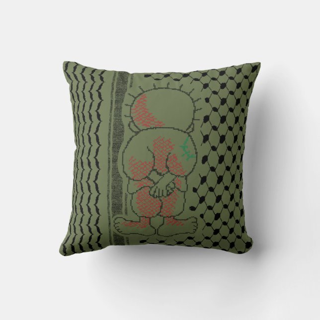 Palestine Handala Kufiya Pattern Olive Green Cushion (Back)