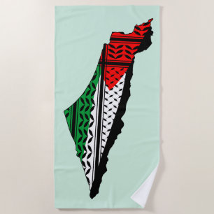 Palestine Map whith Flag and Keffiyeg Pattern Beach Towel