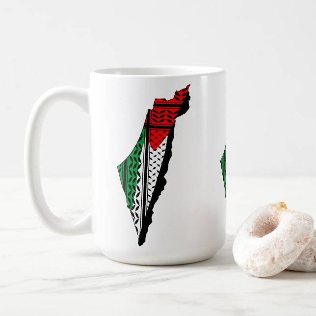 Palestine Map whith Flag and Keffiyeg Pattern Coffee Mug (With Donut)