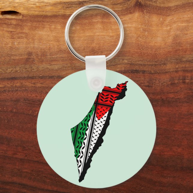 Palestine Map whith Flag and Keffiyeg Pattern Key Ring (Front)
