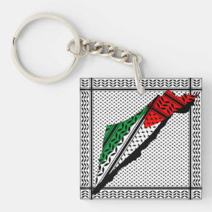 Palestine Map whith Flag and Keffiyeg Pattern Key Ring