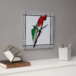 Palestine Map whith Flag and Keffiyeg Pattern Square Wall Clock