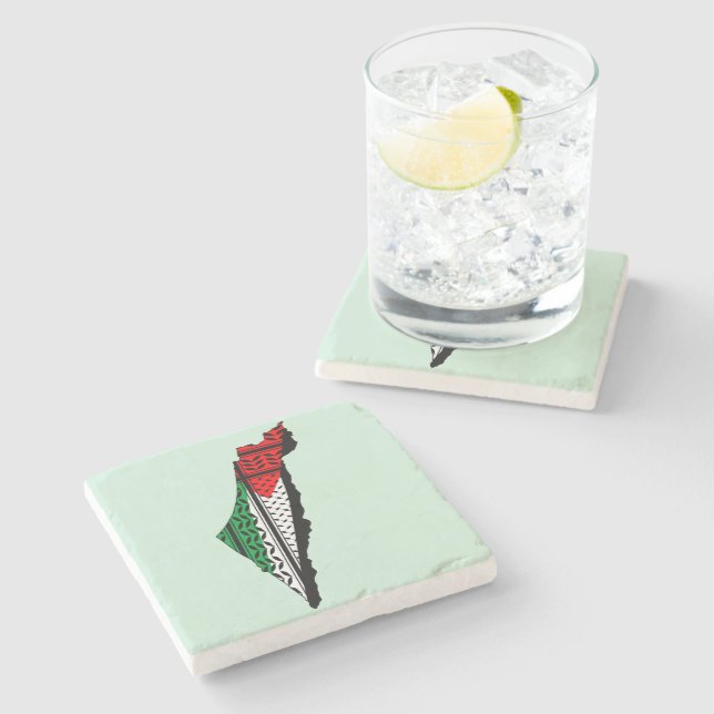 Palestine Map whith Flag and Keffiyeg Pattern Stone Coaster (Side)