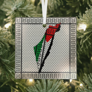 Palestine Map whith Flag and Keffiyeh Pattern Glass Tree Decoration