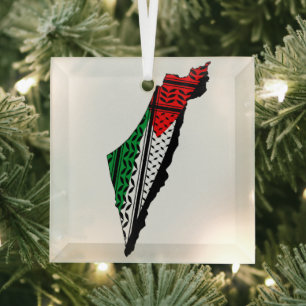 Palestine Map whith Flag and Keffiyeh Pattern Glass Tree Decoration