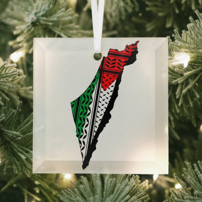 Palestine Map whith Flag and Keffiyeh Pattern Glass Tree Decoration (Insitu)