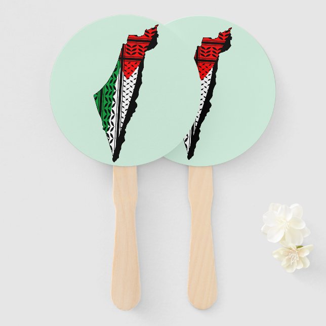 Palestine Map whith Flag and Keffiyeh Pattern Hand Fan (Front and Back)