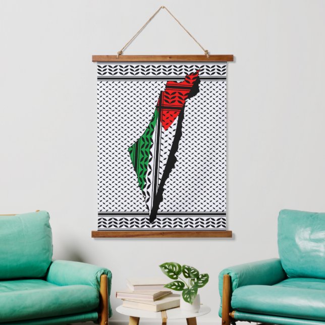 Palestine Map whith Flag and Keffiyeh Pattern Hanging Tapestry (Living Room)