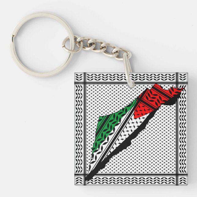 Palestine Map whith Flag and Keffiyeh Pattern Key Ring (Front)