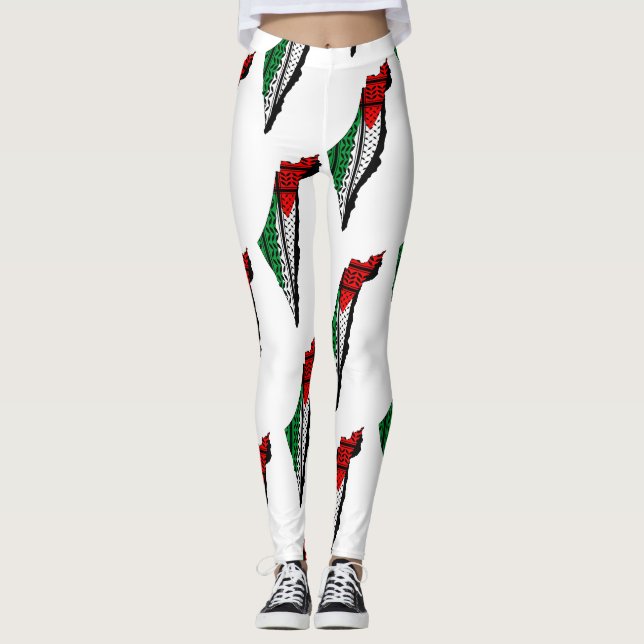 Palestine Map whith Flag and Keffiyeh Pattern Leggings (Front)