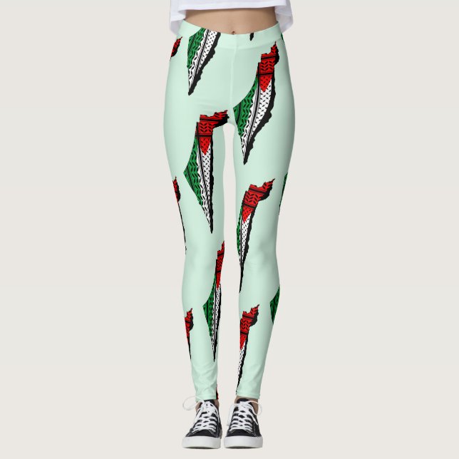 Palestine Map whith Flag and Keffiyeh Pattern Leggings (Front)