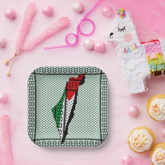 Palestine Map whith Flag and Keffiyeh Pattern Paper Plate (Party)