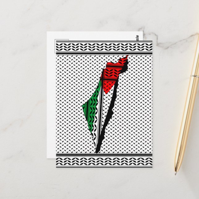 Palestine Map whith Flag and Keffiyeh Pattern Postcard (Front/Back In Situ)