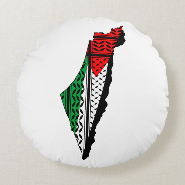 Palestine Map whith Flag and Keffiyeh Pattern Round Cushion (Front)