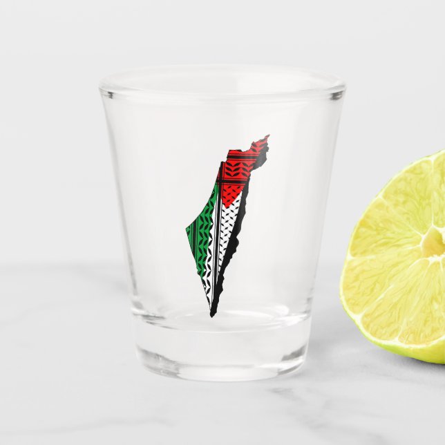 Palestine Map whith Flag and Keffiyeh Pattern Shot Glass (Front)