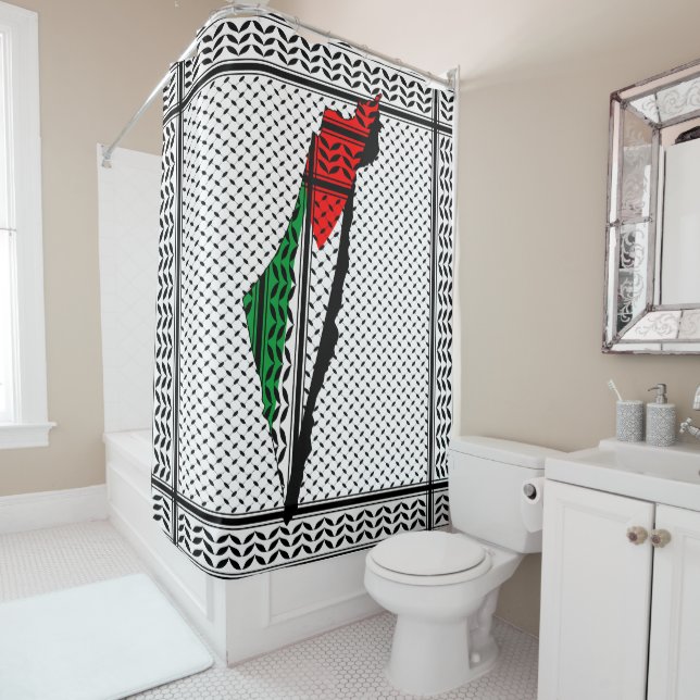 Palestine Map whith Flag and Keffiyeh Pattern Shower Curtain (In Situ)