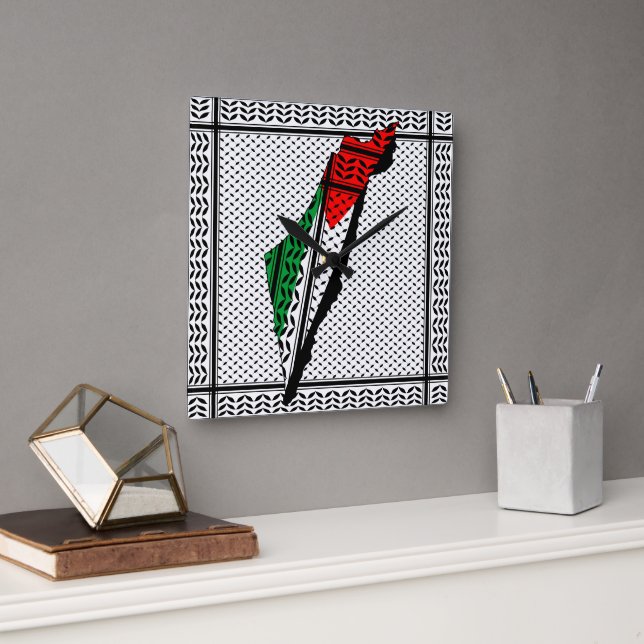 Palestine Map whith Flag and Keffiyeh Pattern Square Wall Clock (Office)