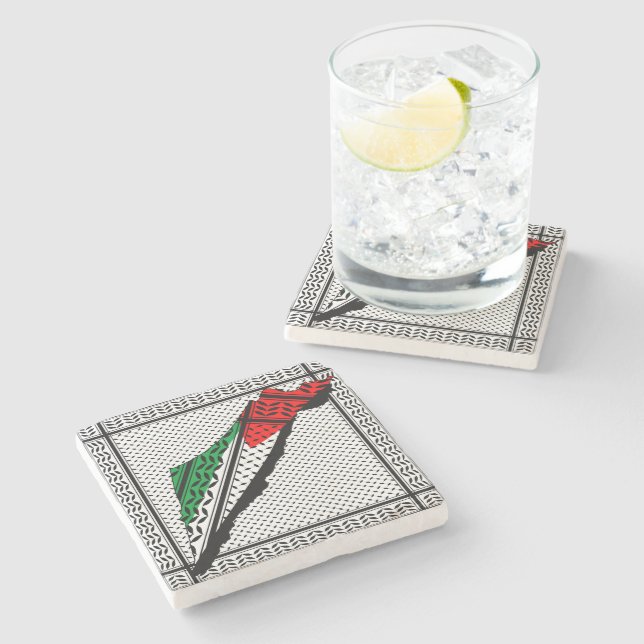 Palestine Map whith Flag and Keffiyeh Pattern Stone Coaster (Side)