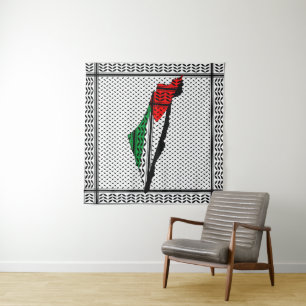 Palestine Map whith Flag and Keffiyeh Pattern Tapestry