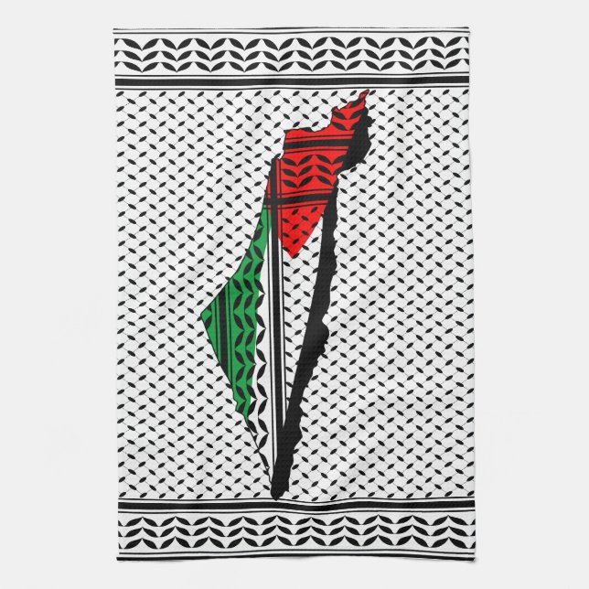 Palestine Map whith Flag and Keffiyeh Pattern Tea Towel (Vertical)