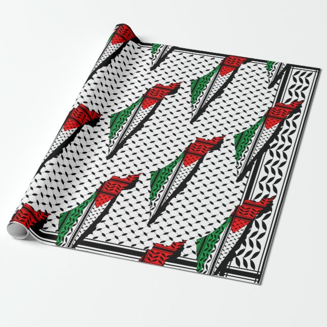 Palestine Map whith Flag and Keffiyeh Pattern Wrapping Paper (Unrolled)