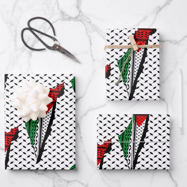 Palestine Map whith Flag and Keffiyeh Pattern Wrapping Paper Sheet (Front)