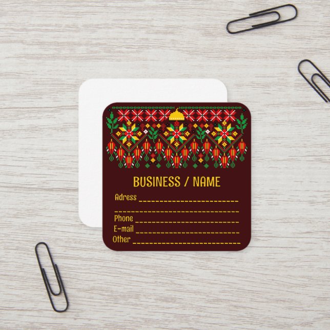 Palestine Tatreez Traditional Embrodery Square Business Card (Front/Back In Situ)