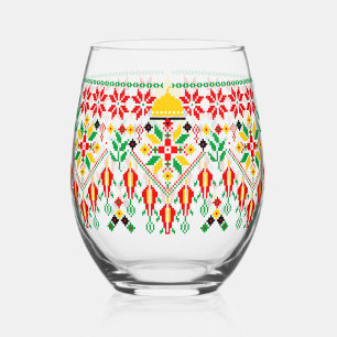 Palestine Tatreez Traditional Embrodery Stemless Wine Glass