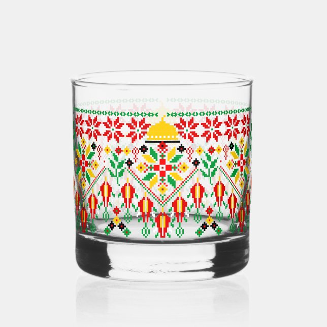 Palestine Tatreez Traditional Embrodery Whiskey Glass (Front)