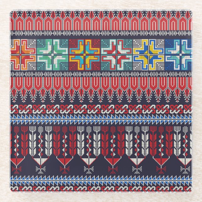 Palestinian Embroidery Motif Pattern. Glass Coaster (Front)