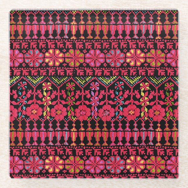 Palestinian Embroidery Tatreez printed Design Glass Coaster (Front)