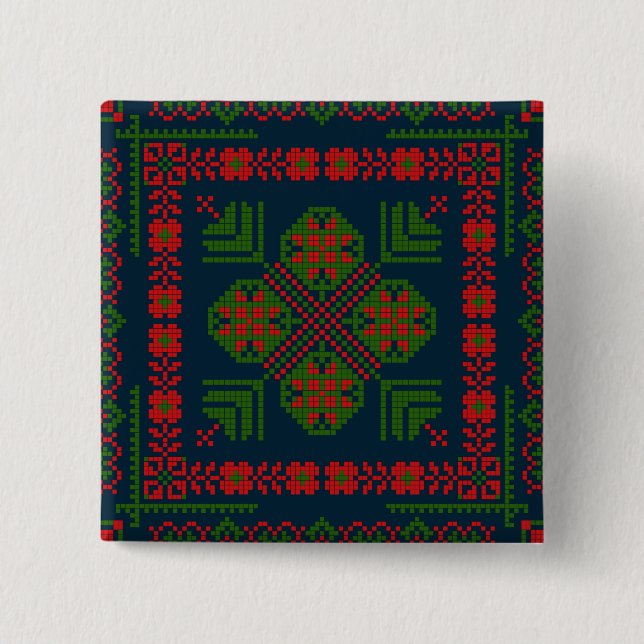 Palestinian Embroidery Tatreez red green 5 Pattern 15 Cm Square Badge (Front)