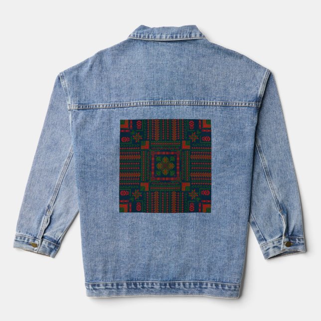 Palestinian Embroidery Tatreez red green 5 Pattern Denim Jacket (Back)