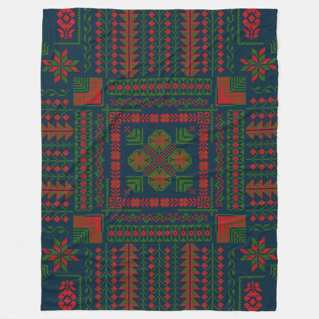 Palestinian Embroidery Tatreez red green 5 Pattern Fleece Blanket (Front)
