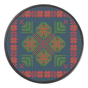 Palestinian Embroidery Tatreez red green 5 Pattern Hockey Puck