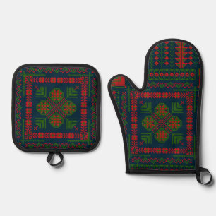 Palestinian Embroidery Tatreez red green 5 Pattern Oven Mitt & Pot Holder Set