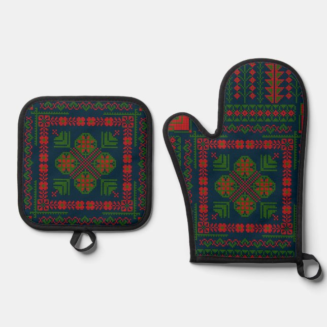 Palestinian Embroidery Tatreez red green 5 Pattern Oven Mitt & Pot Holder Set (Front)