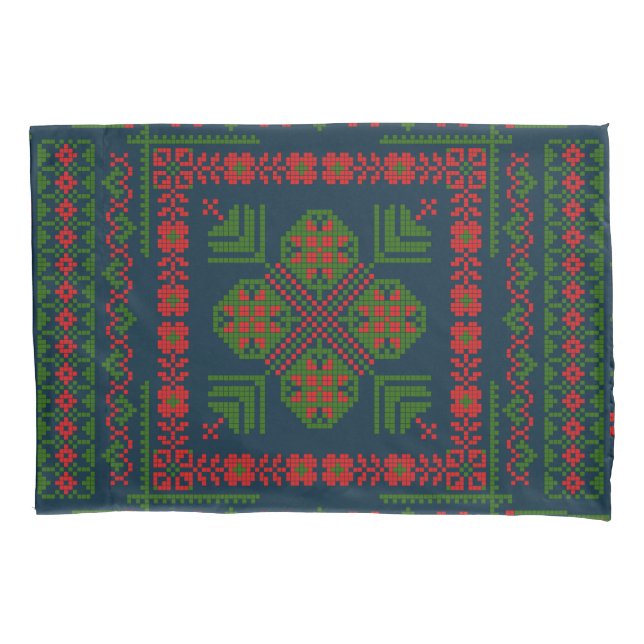 Palestinian Embroidery Tatreez red green 5 Pattern Pillowcase (Front-Left)
