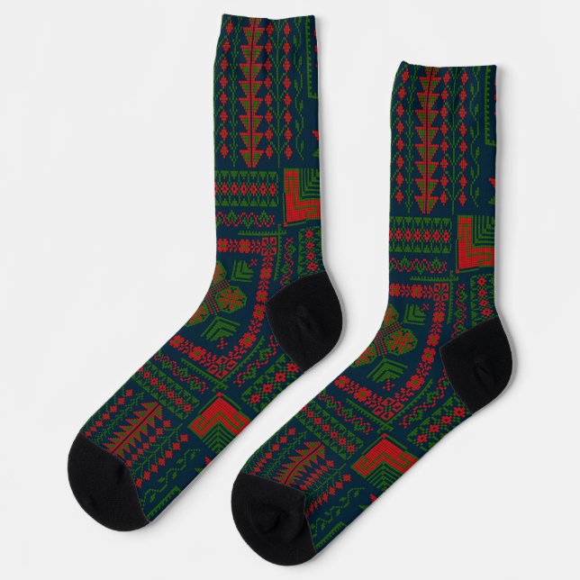 Palestinian Embroidery Tatreez red green 5 Pattern Socks (Left)