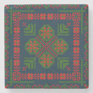 Palestinian Embroidery Tatreez red green 5 Pattern Stone Coaster